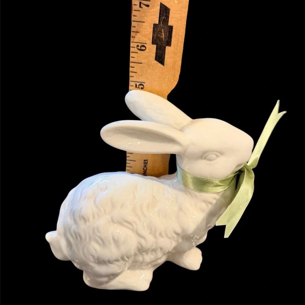 Vtg Pair of White Ceramic Bunny Figurines w/Green Bows-Spring - Picture 6 of 8